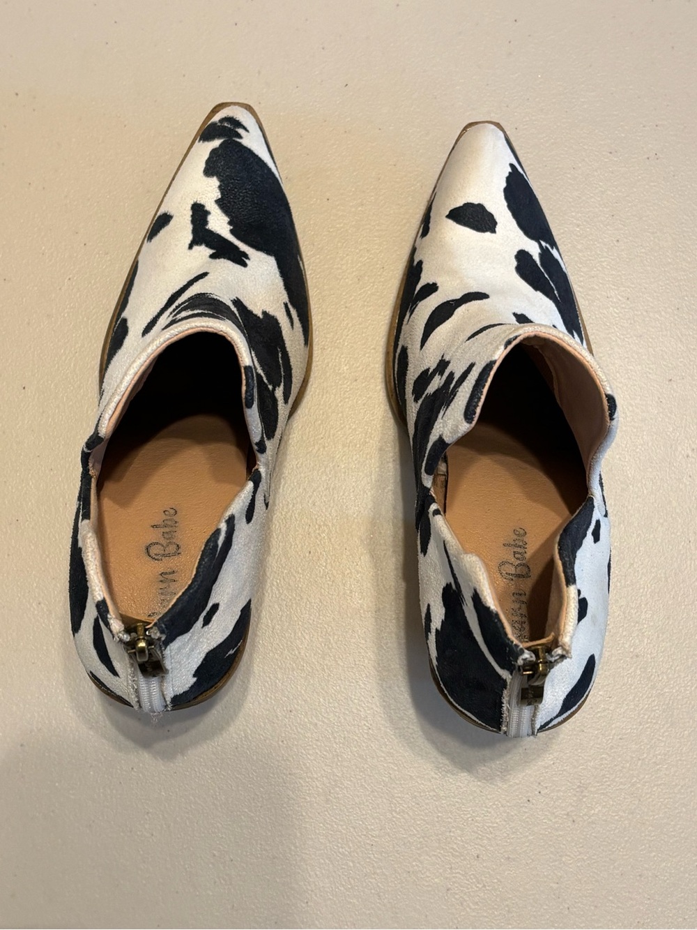 Cow-Print Pointed Ankle Booties - Black & White - Picture 4 of 8